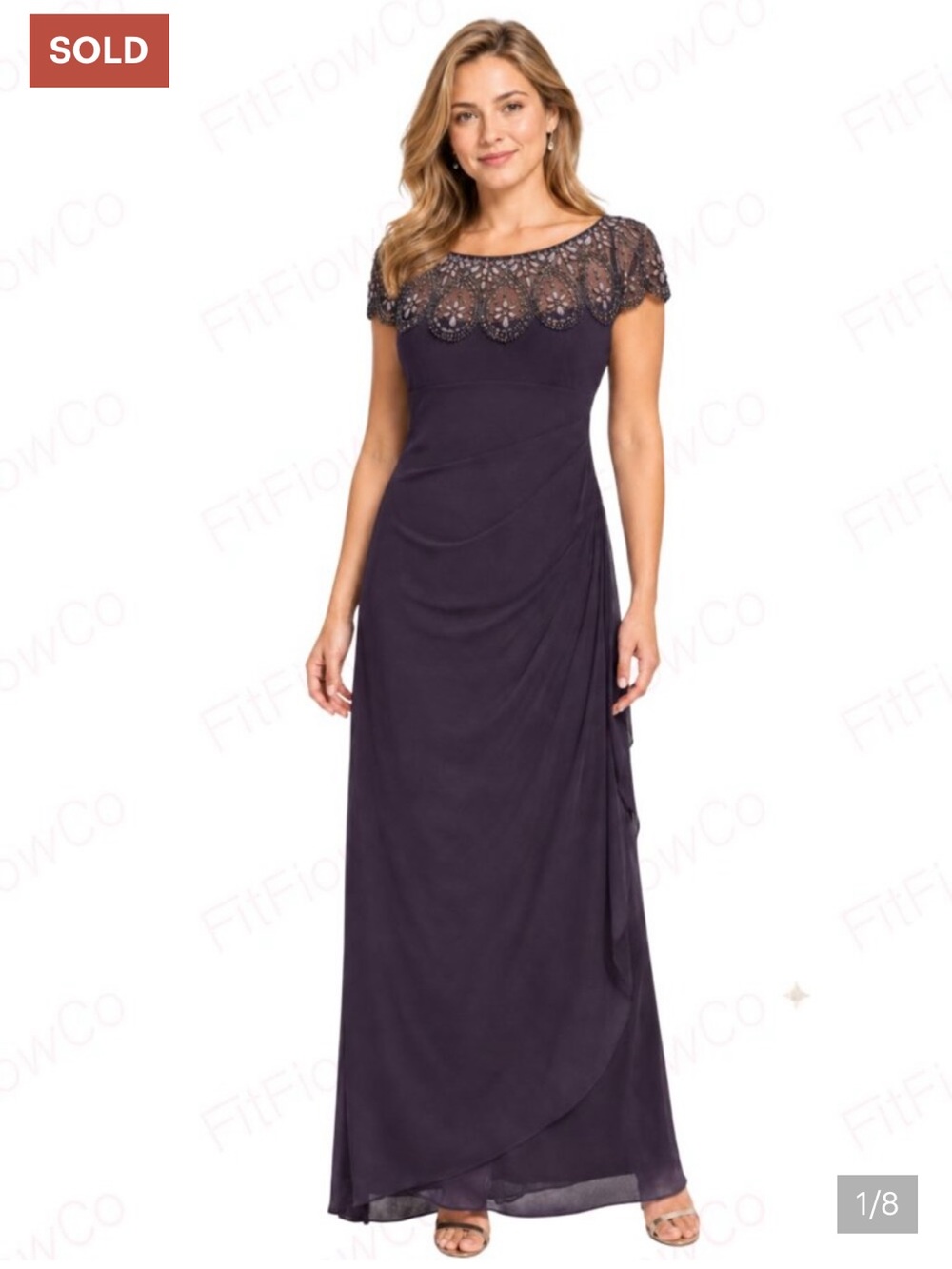 Xscape Plum Embellished Evening Gown Size 6P Beaded Illusion Neckline Maxi
